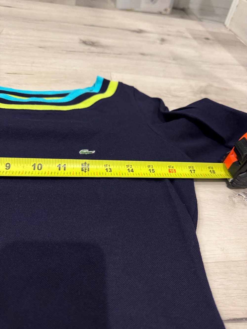 Lacoste Navy 3/4 Sleeve Top with Bright Blue and Lime Trim - Picture 7 of 8